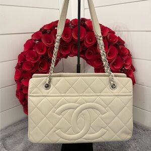 Chanel Beige Quilted Caviar Leather Tote Bag